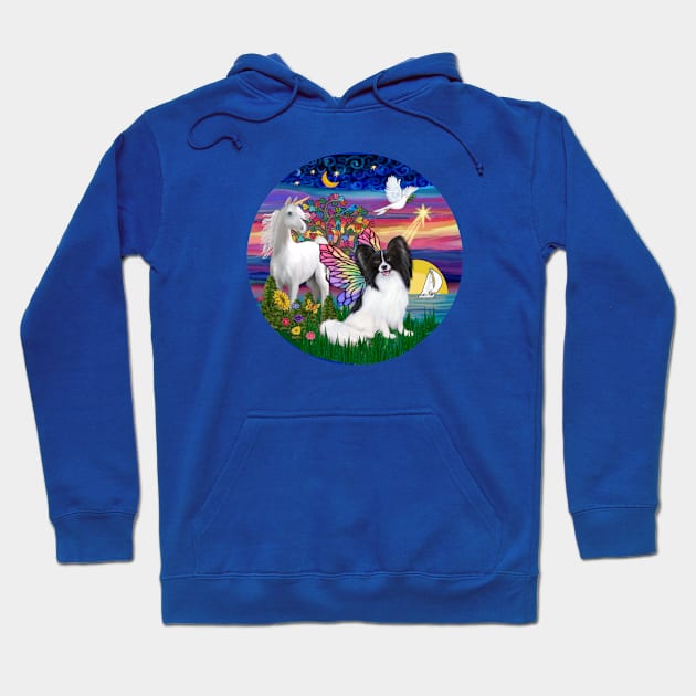 Twilight at the Shore with a Papillon & Unicorn Hoodie by Dogs Galore and More